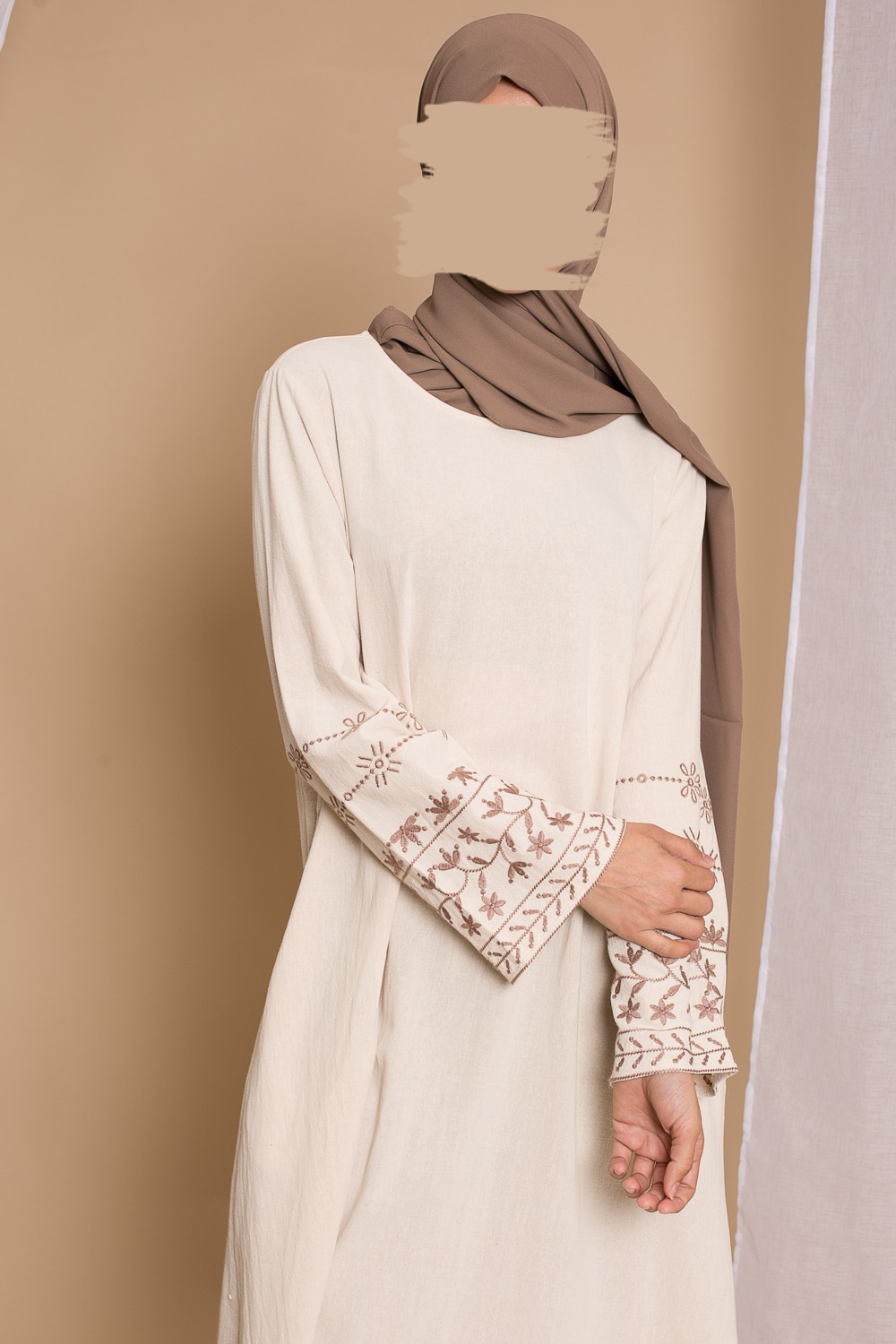 Embroidered Cotton Dress - Beige - Hijab Boutique