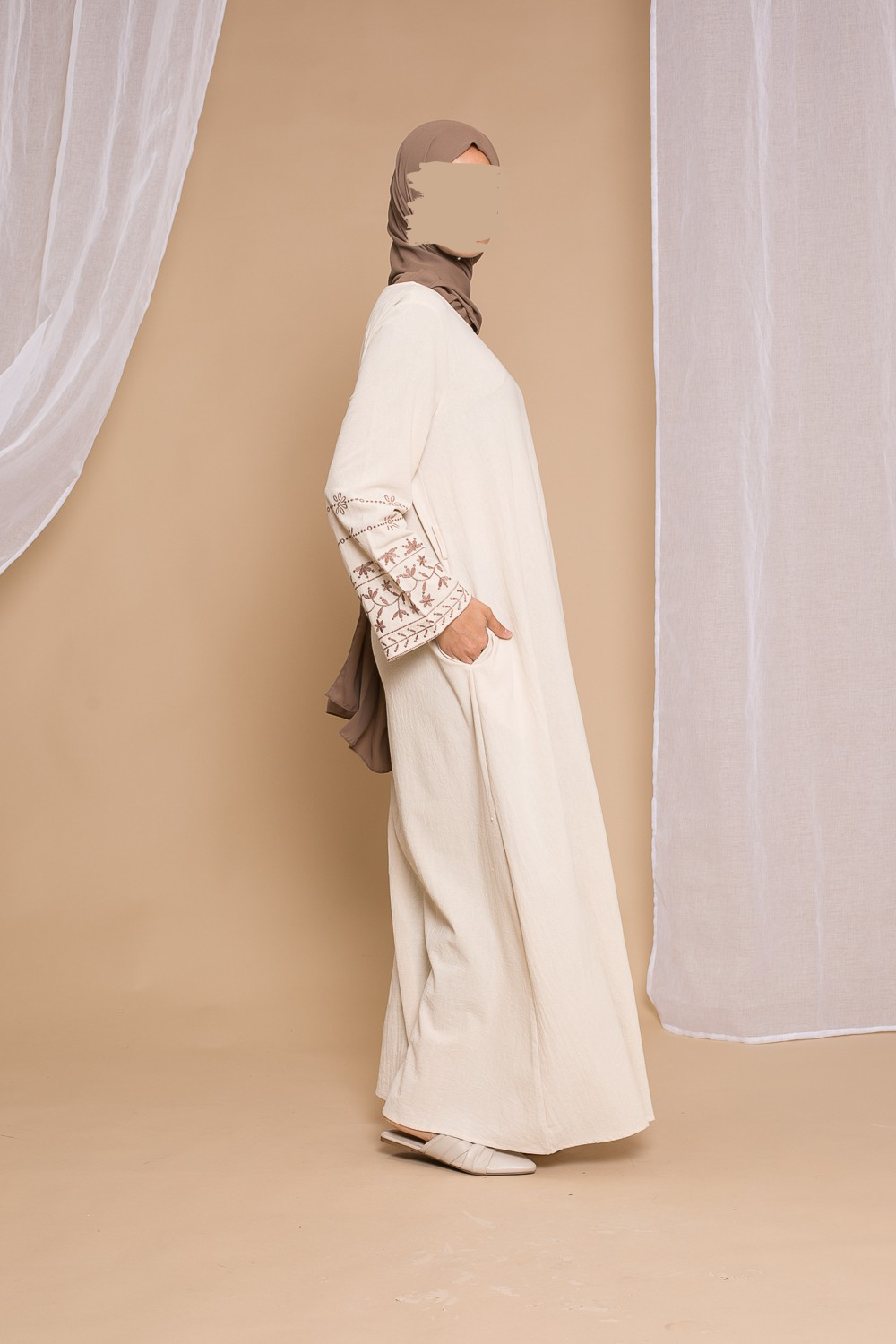 Embroidered Cotton Dress - Beige - Hijab Boutique